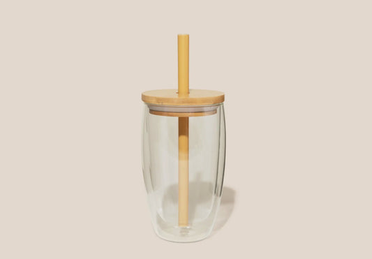 Glass cup bamboo lid and straw